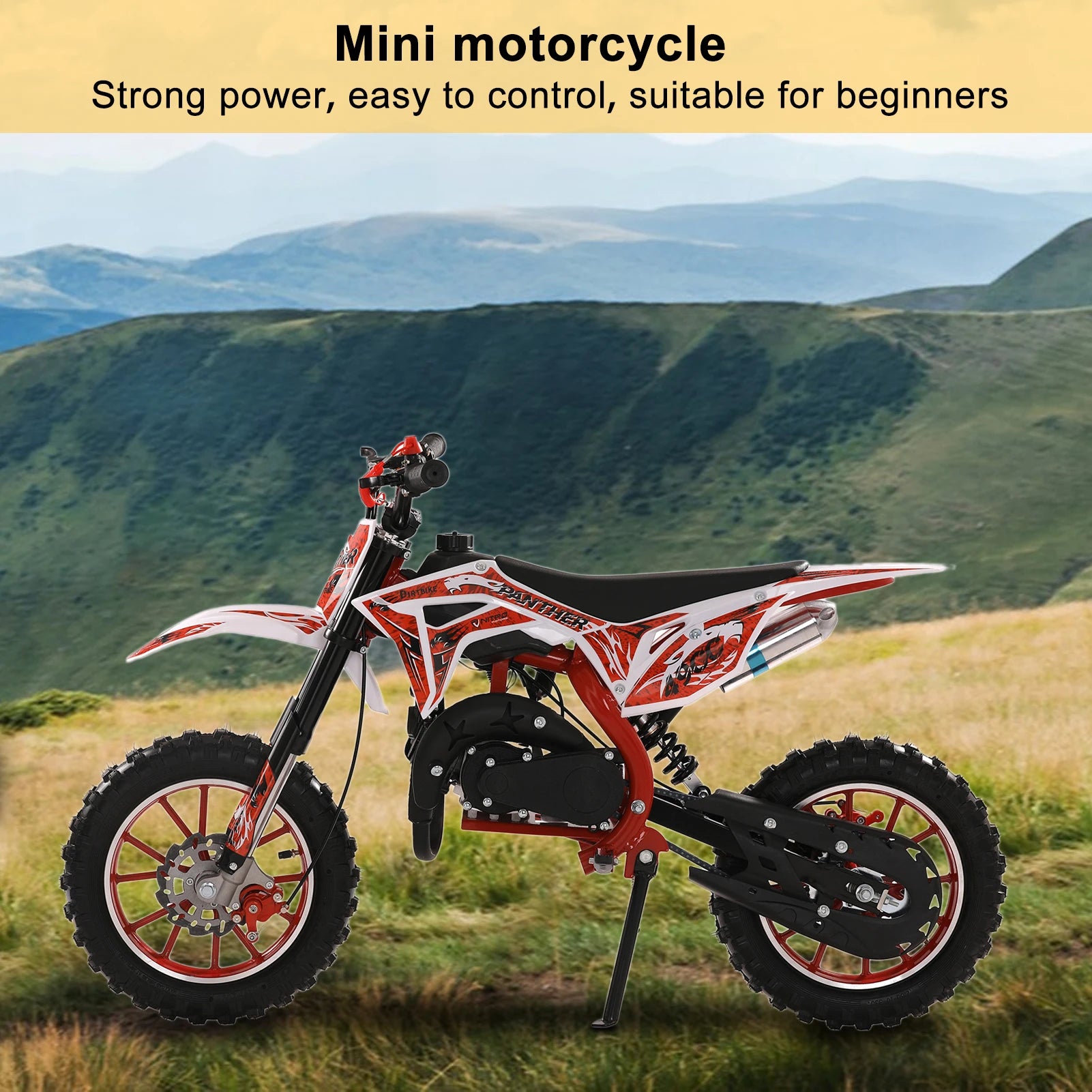 49cc 2-Stroke Gas Power Kids Dirt Bike, Mountain Motocross, Off Road Mini Motorcycle with Front Rear Disc Brakes,Max Speed 25MPH