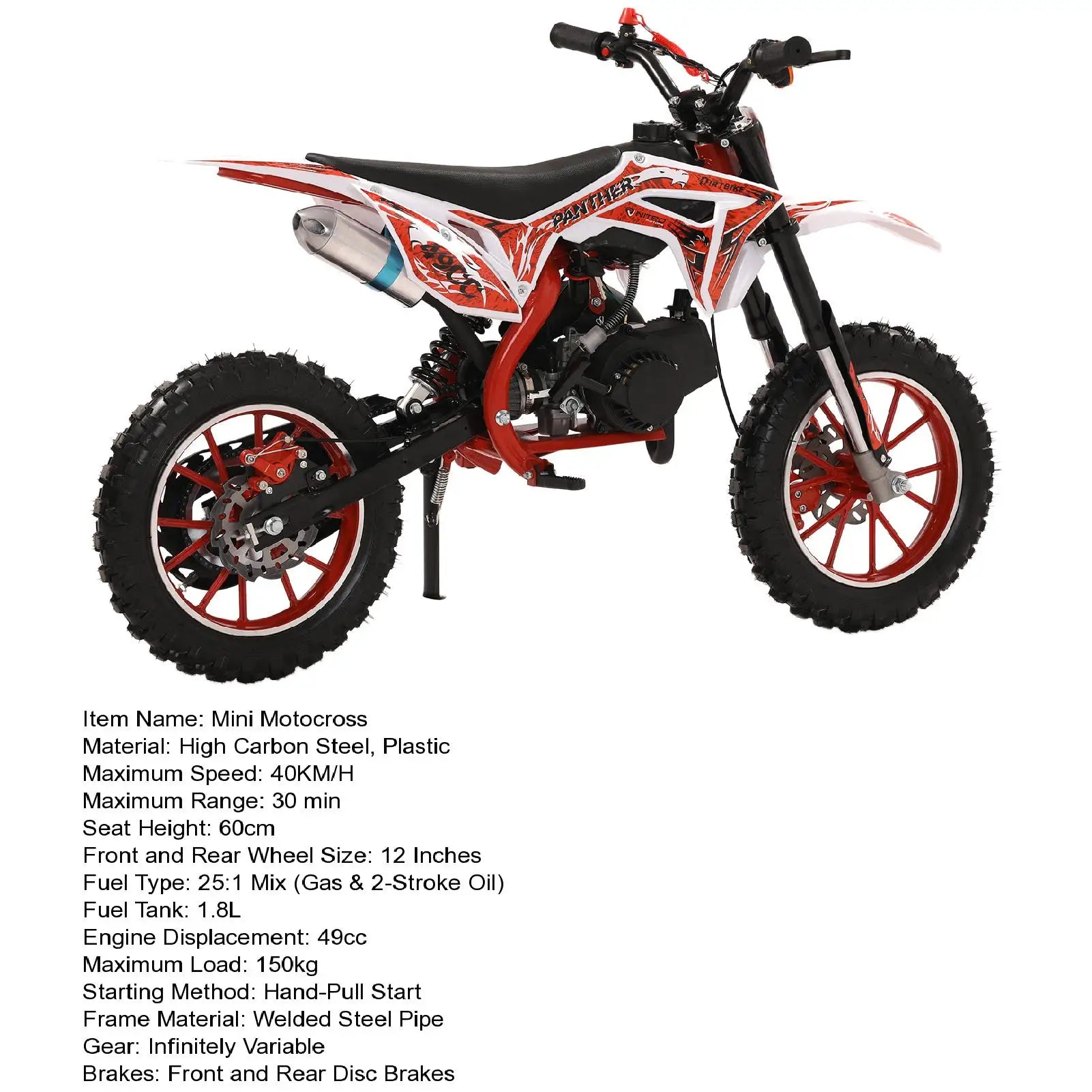 49cc 2-Stroke Gas Power Kids Dirt Bike, Mountain Motocross, Off Road Mini Motorcycle with Front Rear Disc Brakes,Max Speed 25MPH