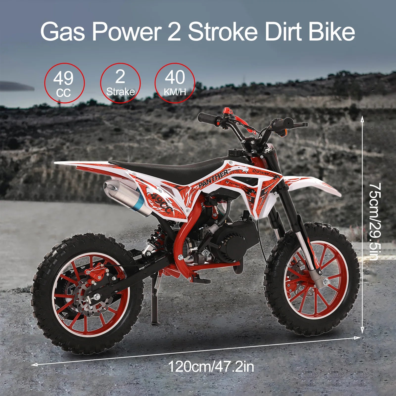 49cc 2-Stroke Gas Power Kids Dirt Bike, Mountain Motocross, Off Road Mini Motorcycle with Front Rear Disc Brakes,Max Speed 25MPH