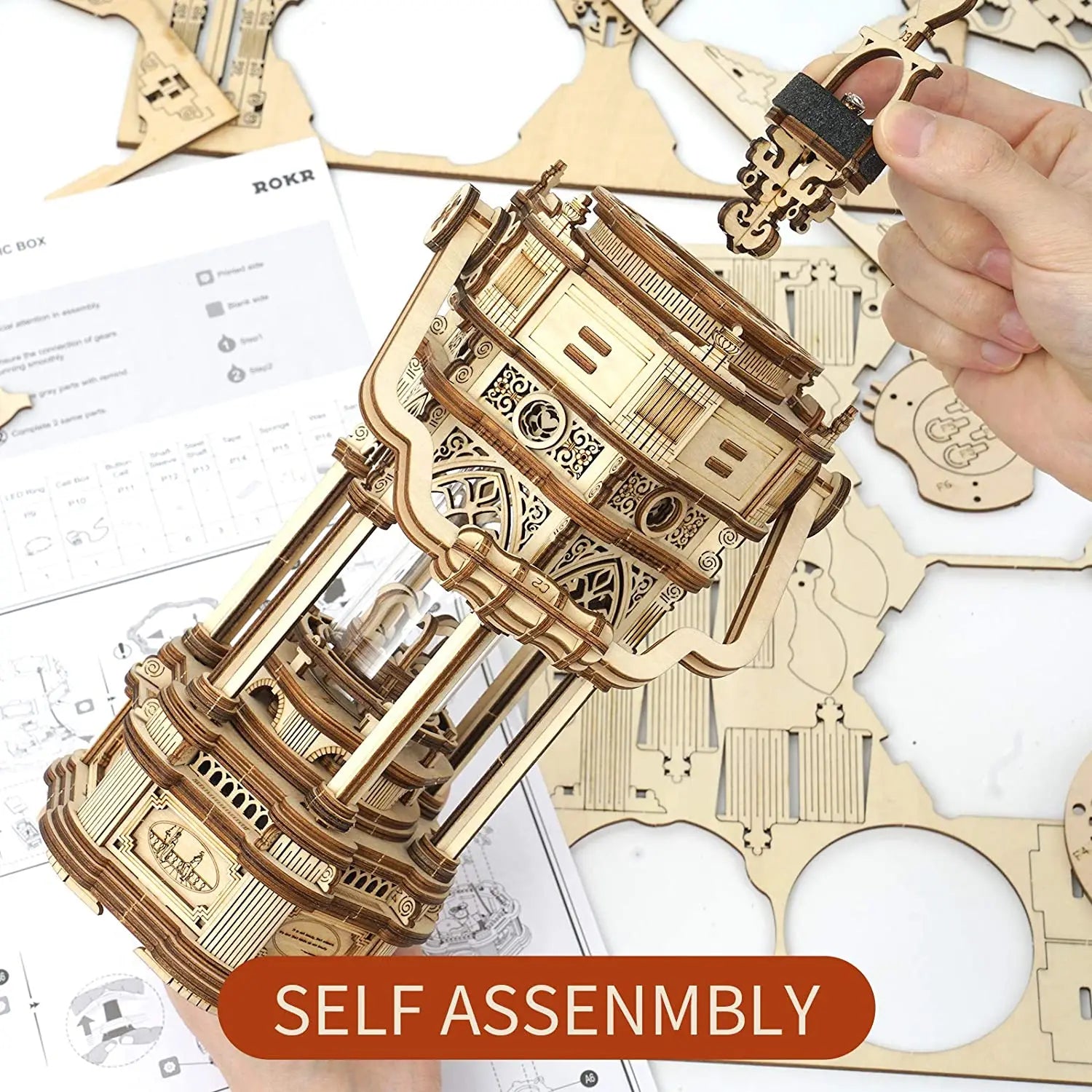 Robotime Rokr DIY 3D Starry Night Wooden Model Building Kit 84pcs Rotatable Assembly Music Box Educational Toy for Kids Adults