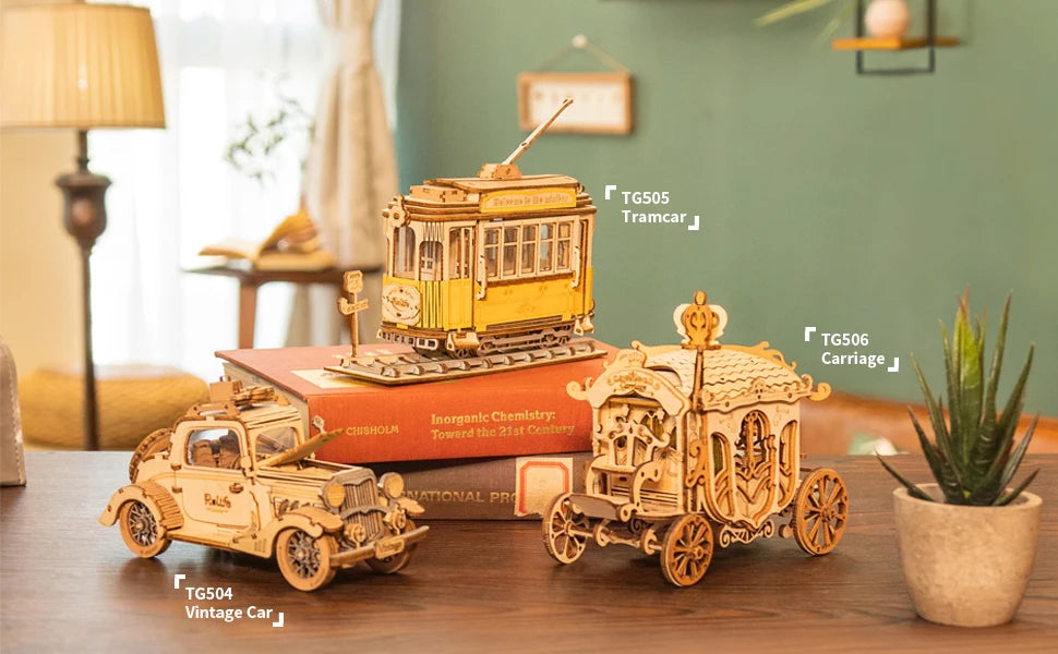 Robotime 3 Kinds DIY 3D Transportation Wooden Model Building Kits Vintage Car Tramcar Carriage Toy Gift for Children Adult