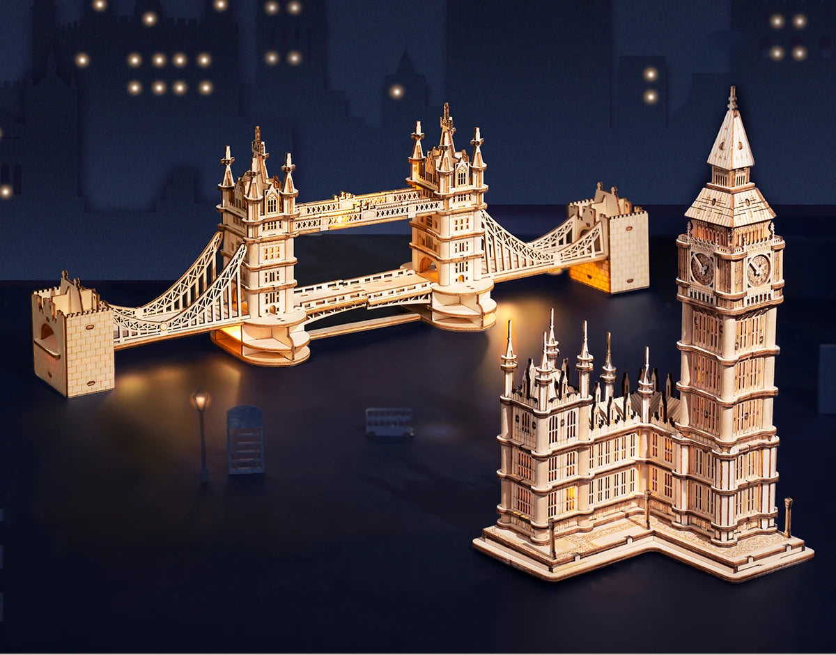 Robotime Rolife DIY 3D Tower Bridge Big Ben Famous Building Wooden Puzzle Game Easy Assembly Toy Gift for Children Teen Adult