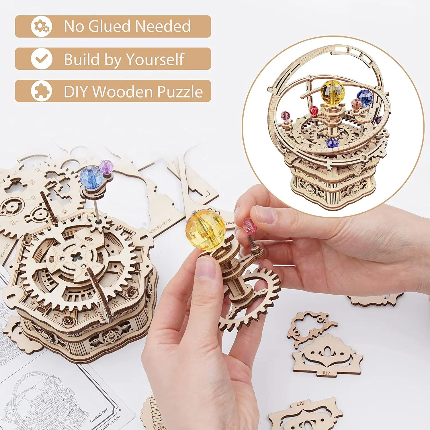 Robotime Rokr DIY 3D Starry Night Wooden Model Building Kit 84pcs Rotatable Assembly Music Box Educational Toy for Kids Adults