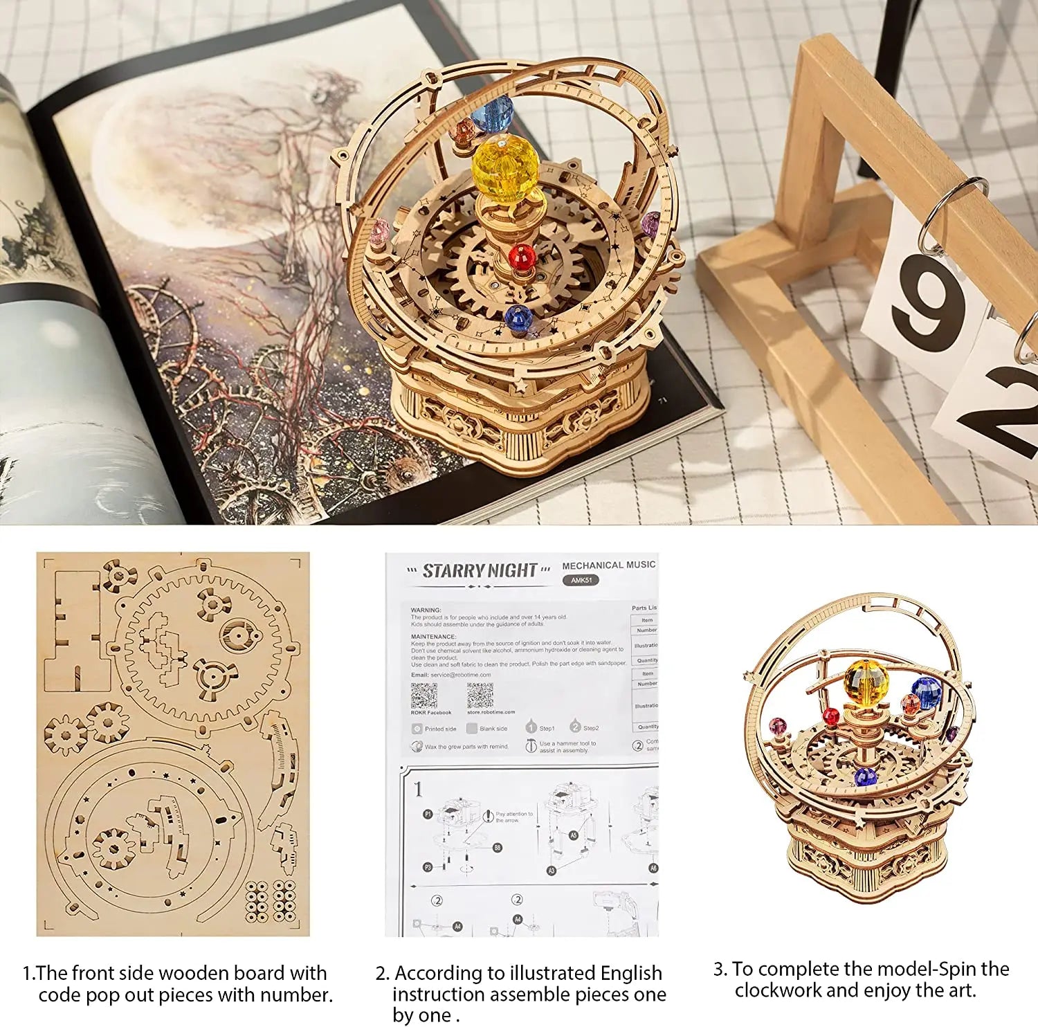 Robotime Rokr DIY 3D Starry Night Wooden Model Building Kit 84pcs Rotatable Assembly Music Box Educational Toy for Kids Adults