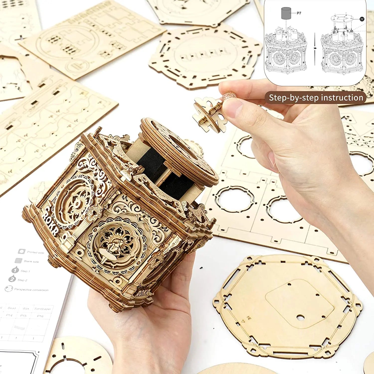Robotime Rokr DIY 3D Starry Night Wooden Model Building Kit 84pcs Rotatable Assembly Music Box Educational Toy for Kids Adults
