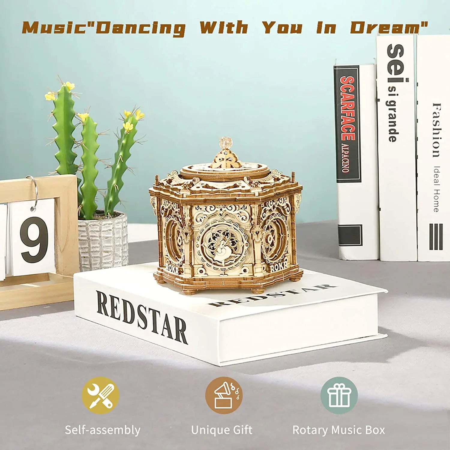 Robotime Rokr DIY 3D Starry Night Wooden Model Building Kit 84pcs Rotatable Assembly Music Box Educational Toy for Kids Adults