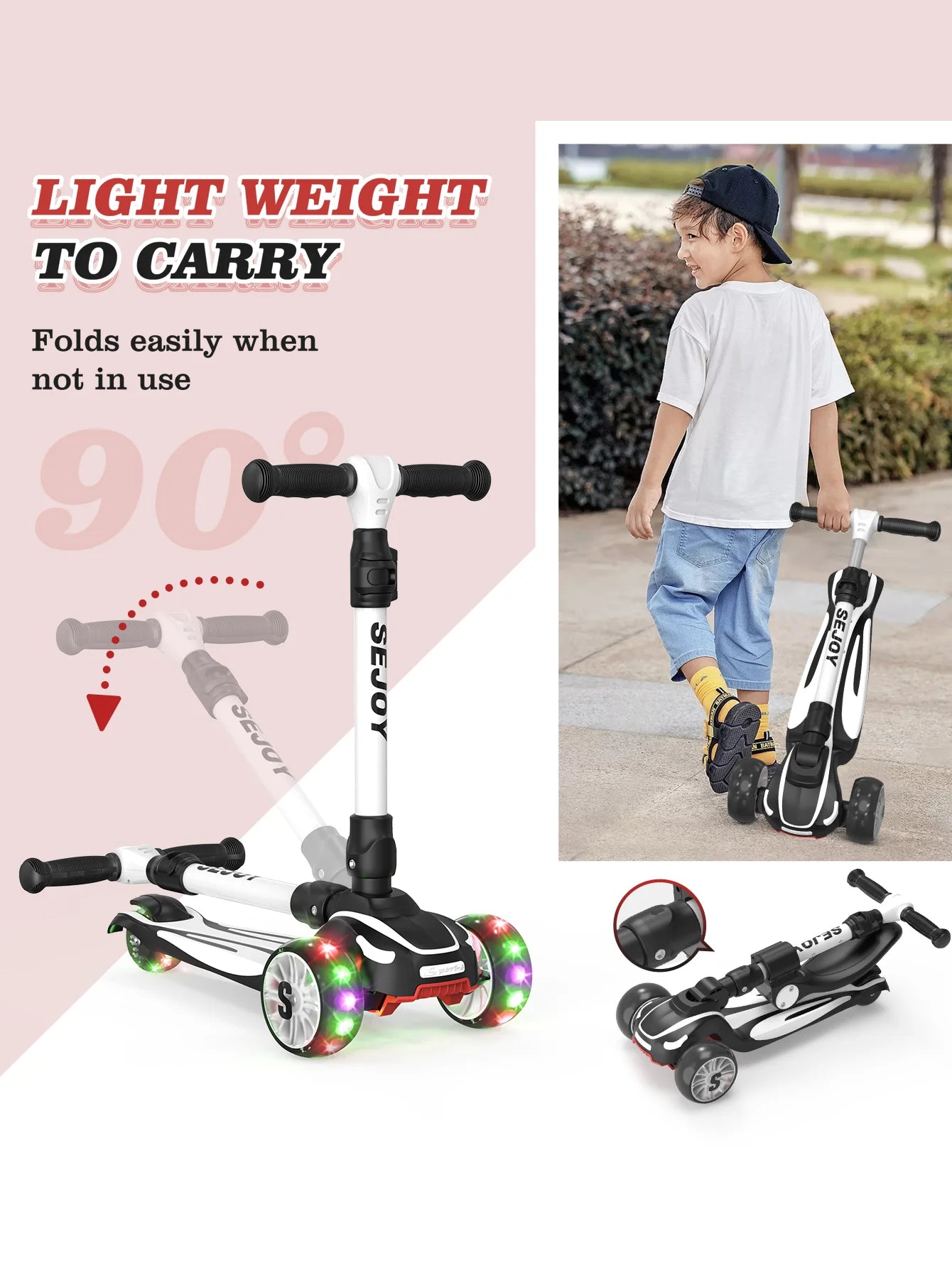 Sejoy Kid Kick Scooter Three Wheel with LED Flashing 3-in-1 Lightweight Children's Foot Scooters Height Adjustable