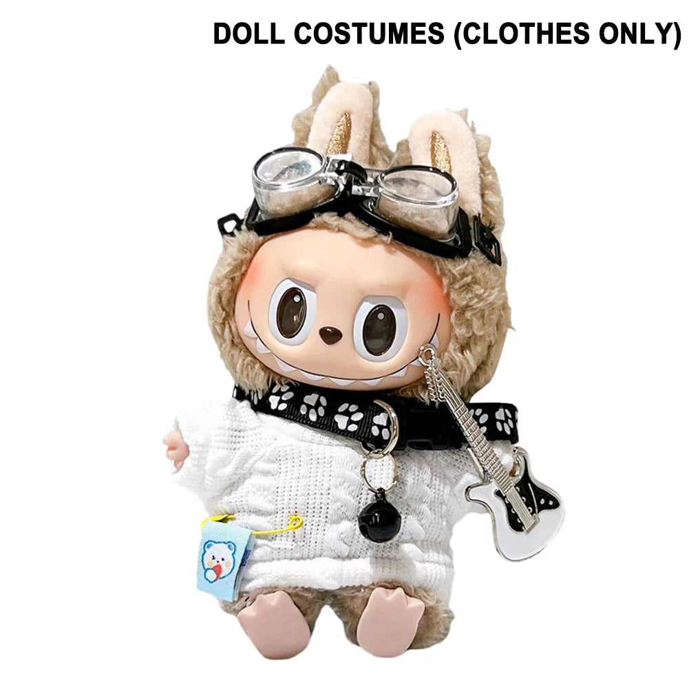17cm DIY Sweater Goggles Dog Collar Guitar Fashion Doll'S Clothing Labubu Plush Doll Clothes Kawaii Animal Plushies Cartoon Suit
