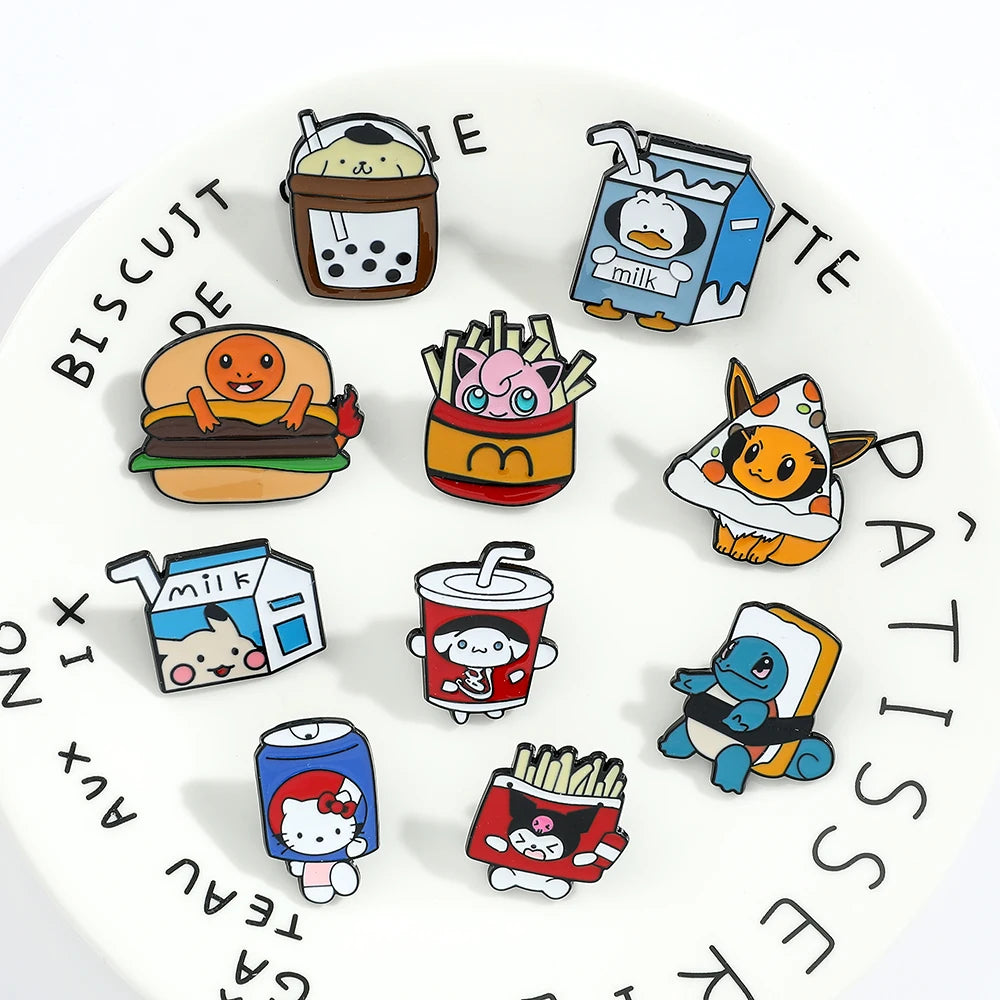 Sanrio Cola Hello Kitty Fries Kuromi Enamel Pin Pokemon Sandwich Pikachu Hamburger Charmander Metal Badge Brooch Gifts