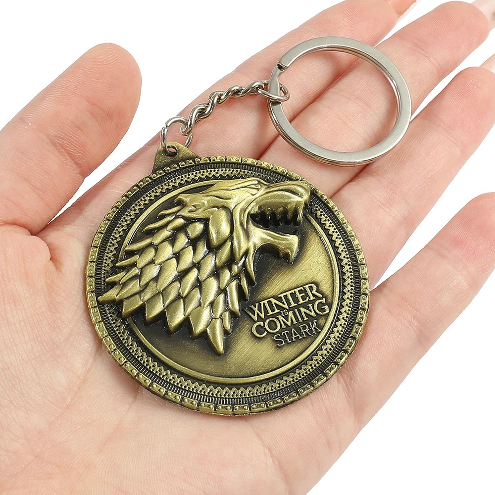 Movie A Song of Ice and Fire Metal Keychain Wolf Head Pattern Vintage Style Pendnat Keyrings for Car Key Backpack Accessories