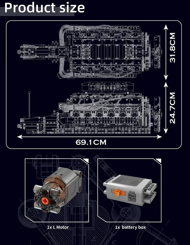 Mould King 10169 V12 Engine Building Blocks Assembly Toy Electric Motor Drive Bricks Kit 12-Cylinder Car Engine Model