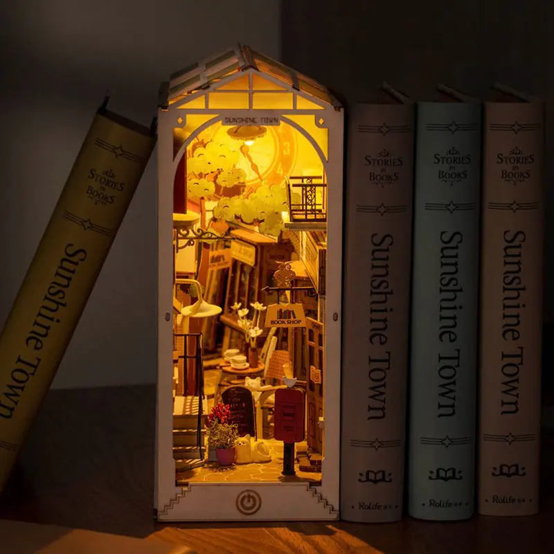 Robotime Rolife Book Nook DIY Dollhouse Furniture 4 Kinds Booknook Bookends Model Kit with LED Light for Bookshelf Insert Decor