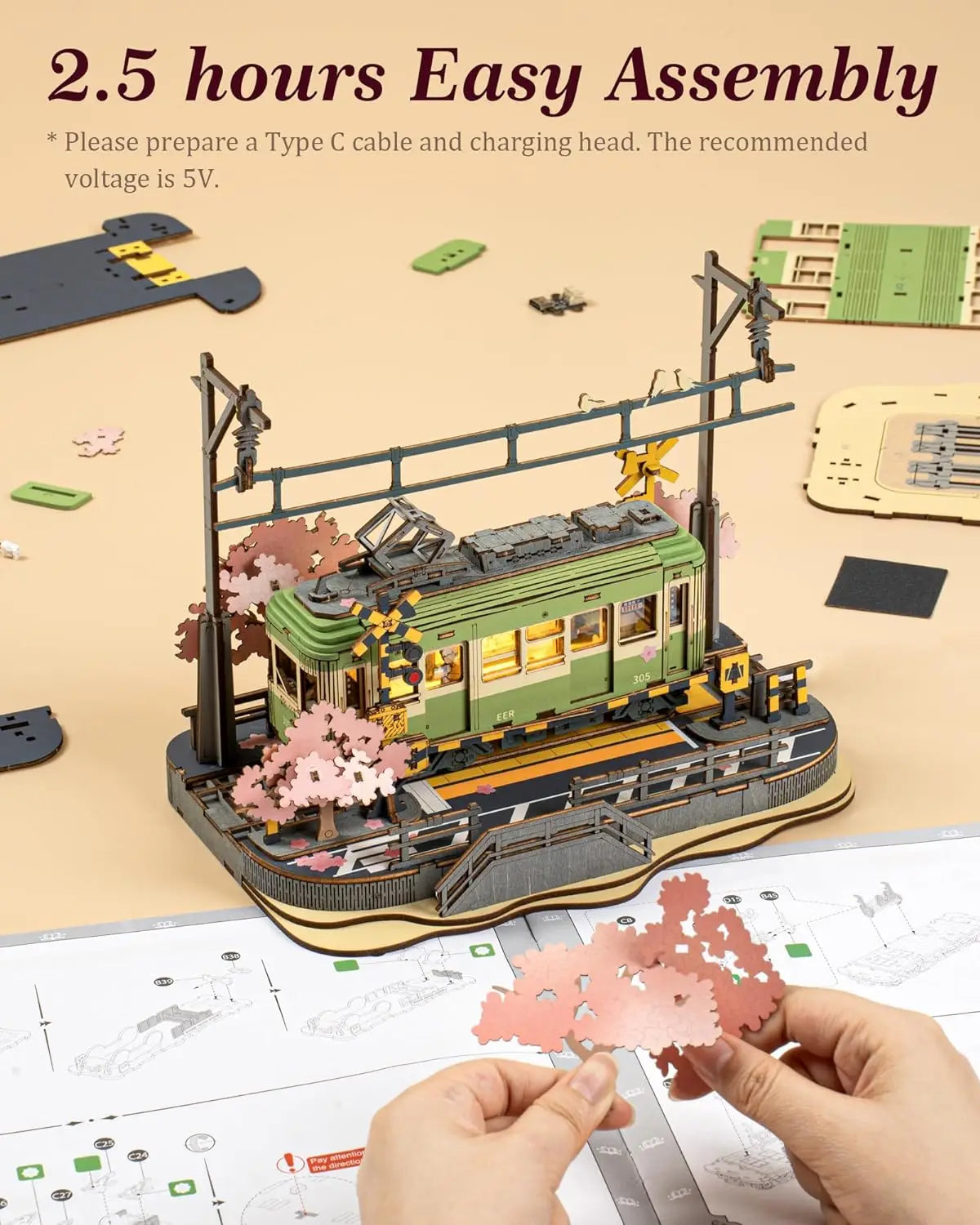 Robotime Rolife Sakura Journey Wooden Assemble Car Eco-friendly 3D Wooden Puzzle for Kids Funny Toys Building Block Kits