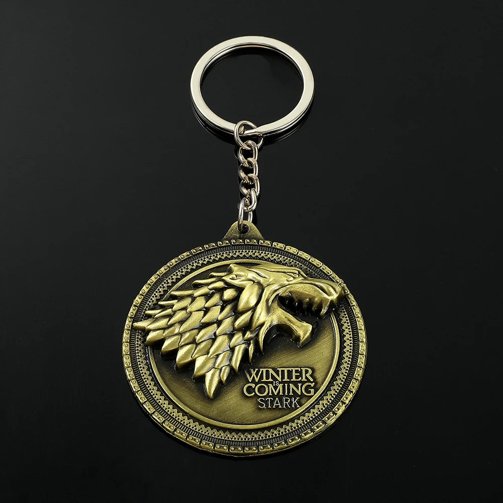 Movie A Song of Ice and Fire Metal Keychain Wolf Head Pattern Vintage Style Pendnat Keyrings for Car Key Backpack Accessories