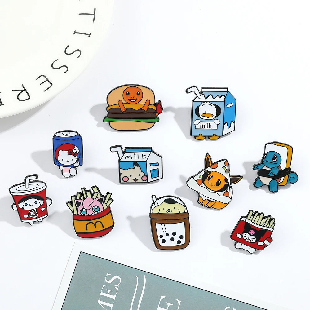 Sanrio Cola Hello Kitty Fries Kuromi Enamel Pin Pokemon Sandwich Pikachu Hamburger Charmander Metal Badge Brooch Gifts