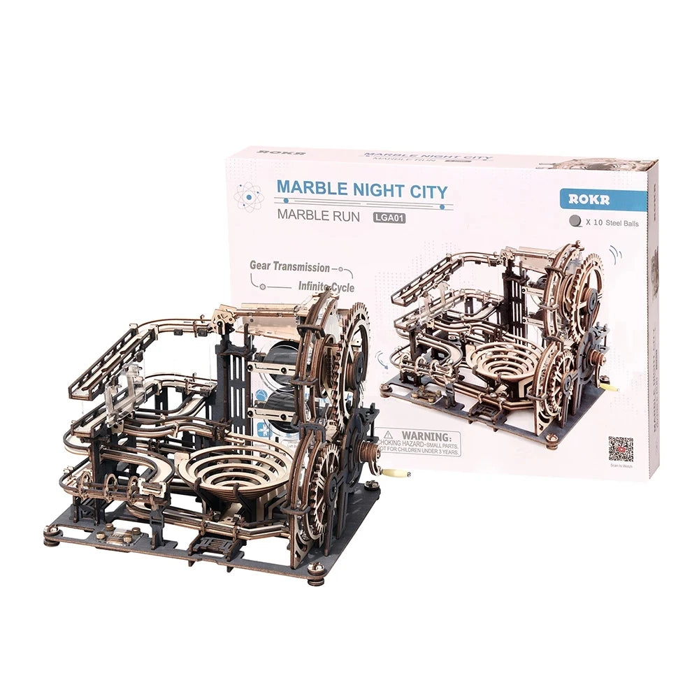 ROBOTIME Rokr Electric Marble Run with Light 3D Puzzle Toys Marble Spaceport Gifts for Kids Children Connect With Night City