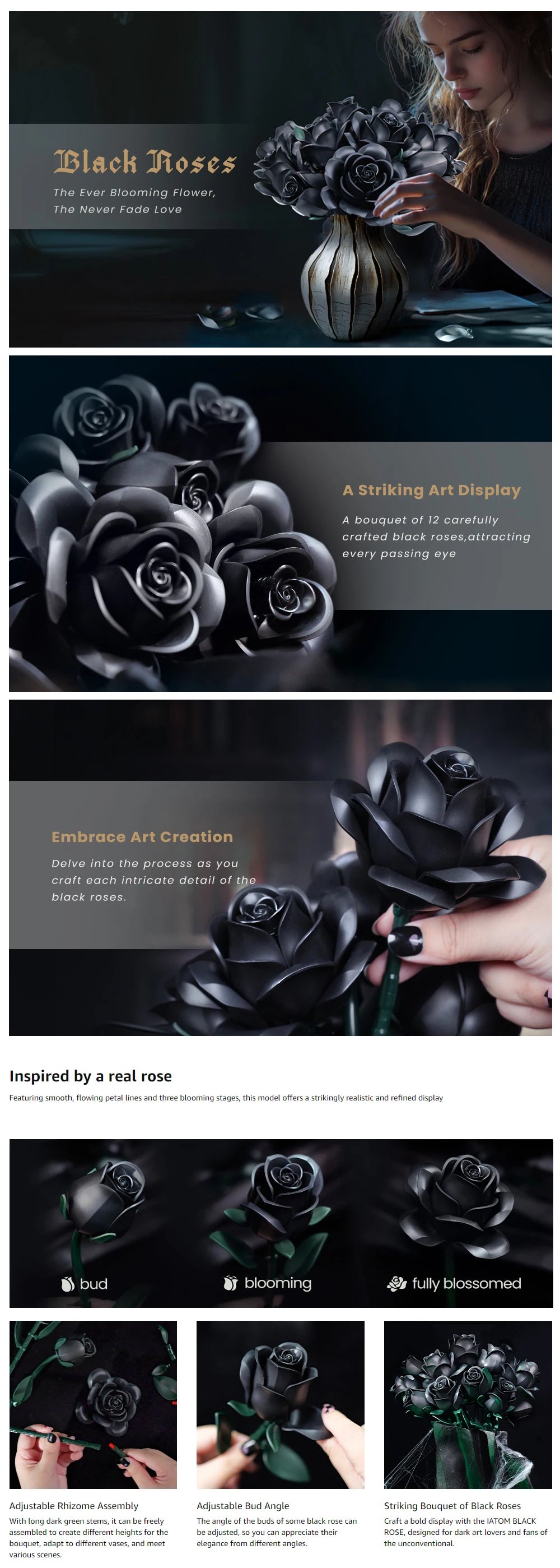 Black Roses Flowers Building Set Artificial Floral Bouquet Brick Kit Gothic Retro Home Decor Blocks Toy for Adults Birthday Gift