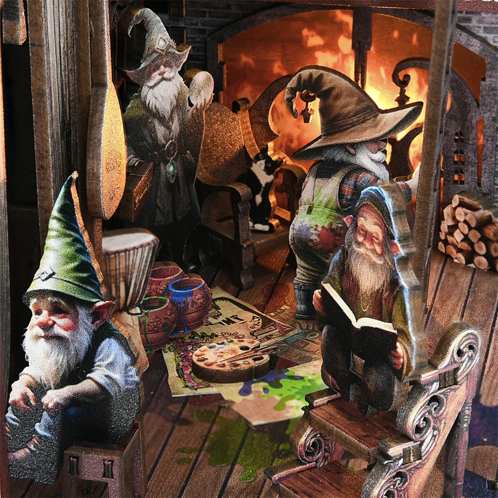 Book Nook Kit Seven Dwarfs DIY Wooden Puzzle Snow White Grimms' Fairy Tales Bookshelf Dollhouse Bookend Building Home Deco