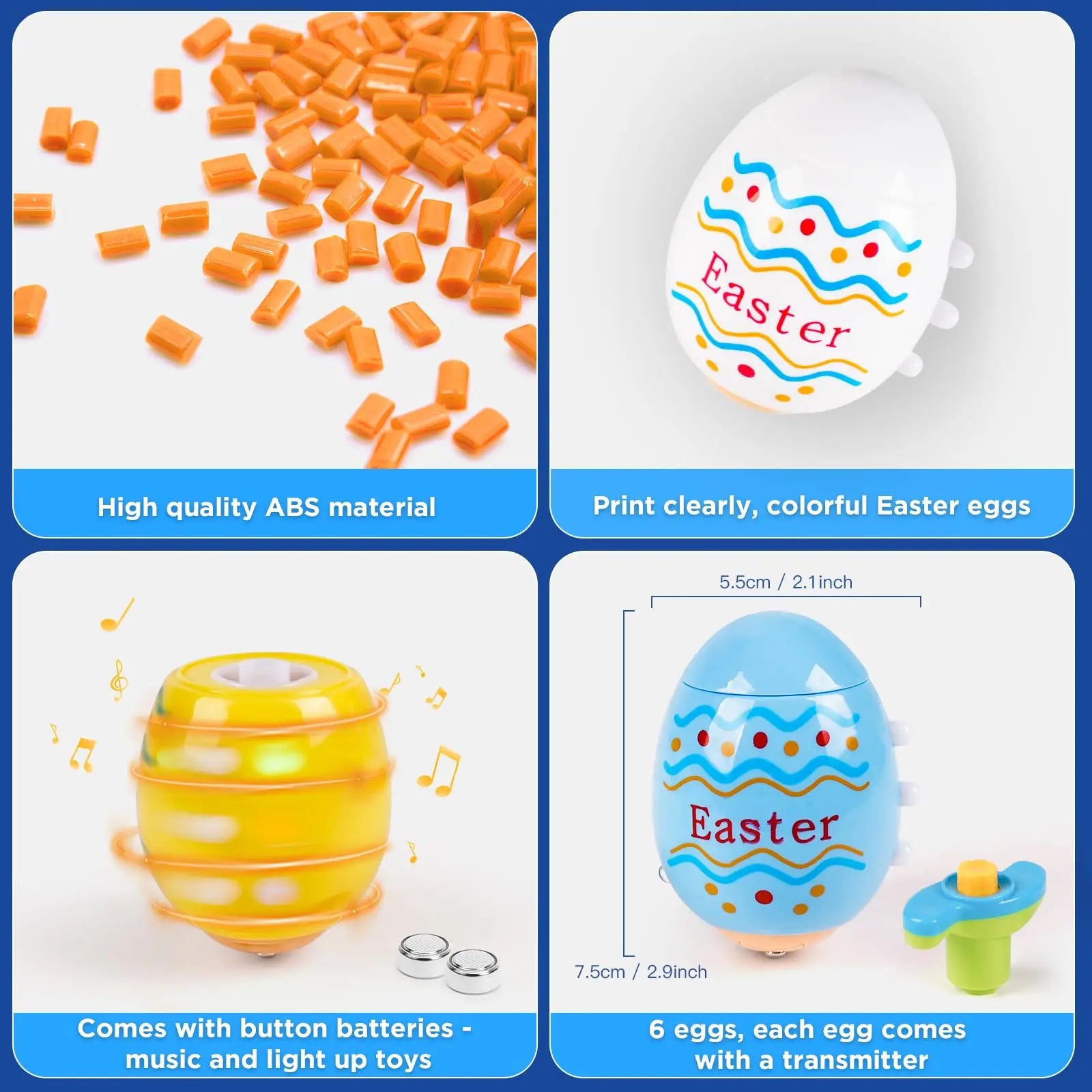 2024 TERRAMUS Easter Eggs Toys-6Pack Spinning Tops LED&Singing Party Favors Basket Stuffers Plastic Easter Gifts for Kids3+