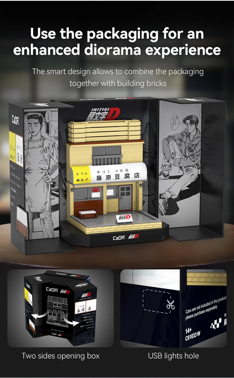 Cada Anime Initial D Tofu Shop House Model Building Blocks City Japanese Racing Car Parking Lot Bricks Toys Kid Gifts With LED
