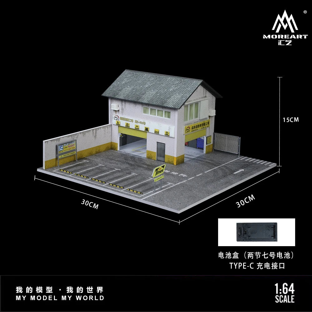 Diorama 1/64 Car Garage Model LED Lighting City Factory Car Parking Lot Scene Building Display Model Toys