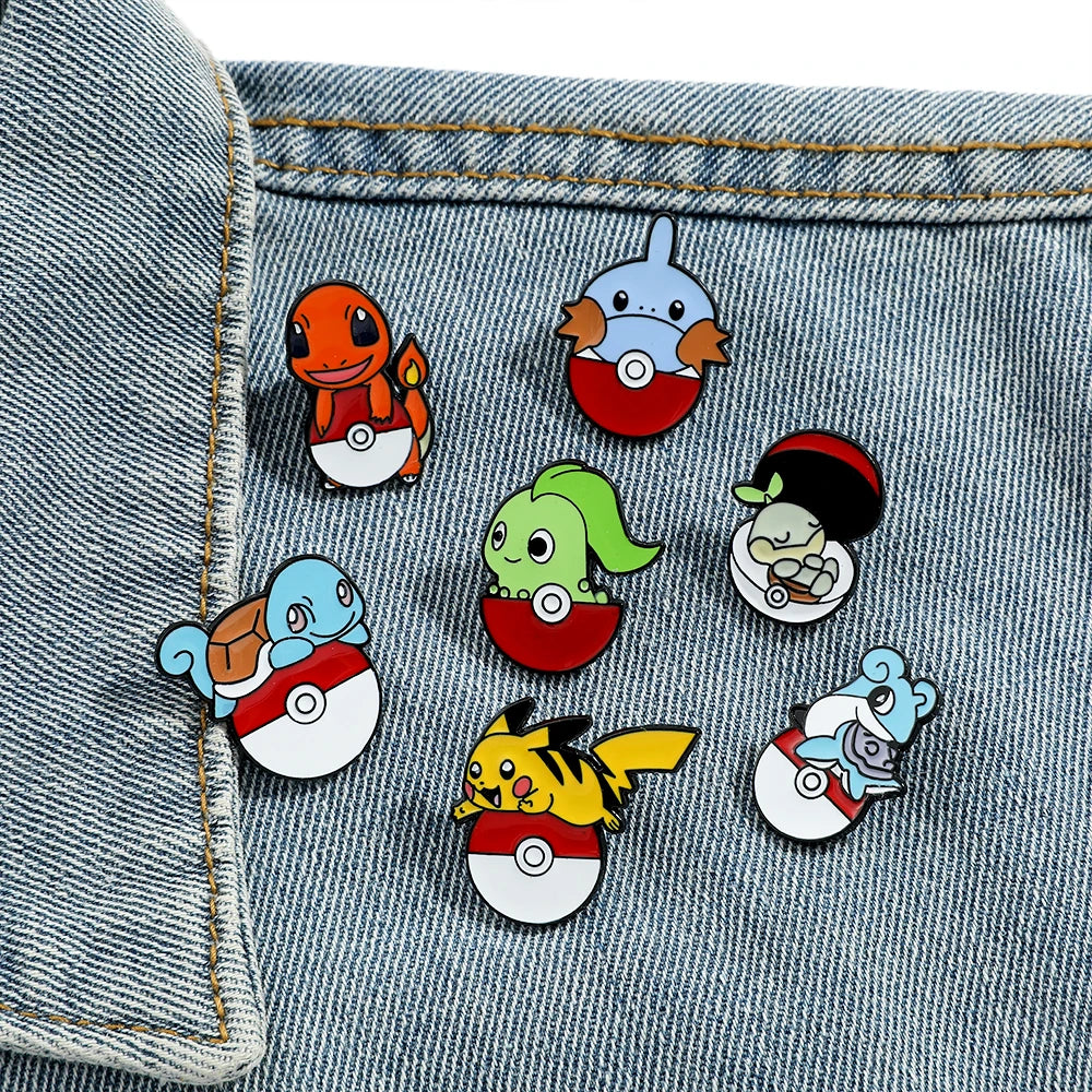 Anime Pokemon Enamel Pin Kawaii Poke Ball Pikachu Squirtle Charmander Metal Badge Brooch Jacket Jeans Lapel Pin Toys Accessories