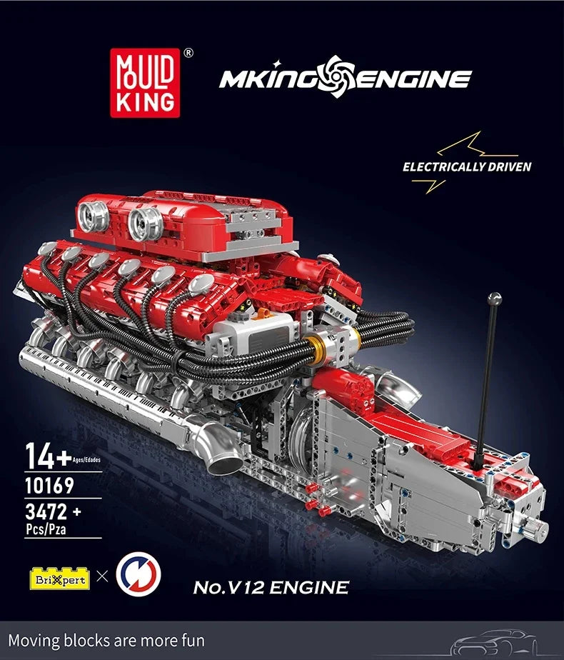 Mould King 10169 V12 Engine Building Blocks Assembly Toy Electric Motor Drive Bricks Kit 12-Cylinder Car Engine Model