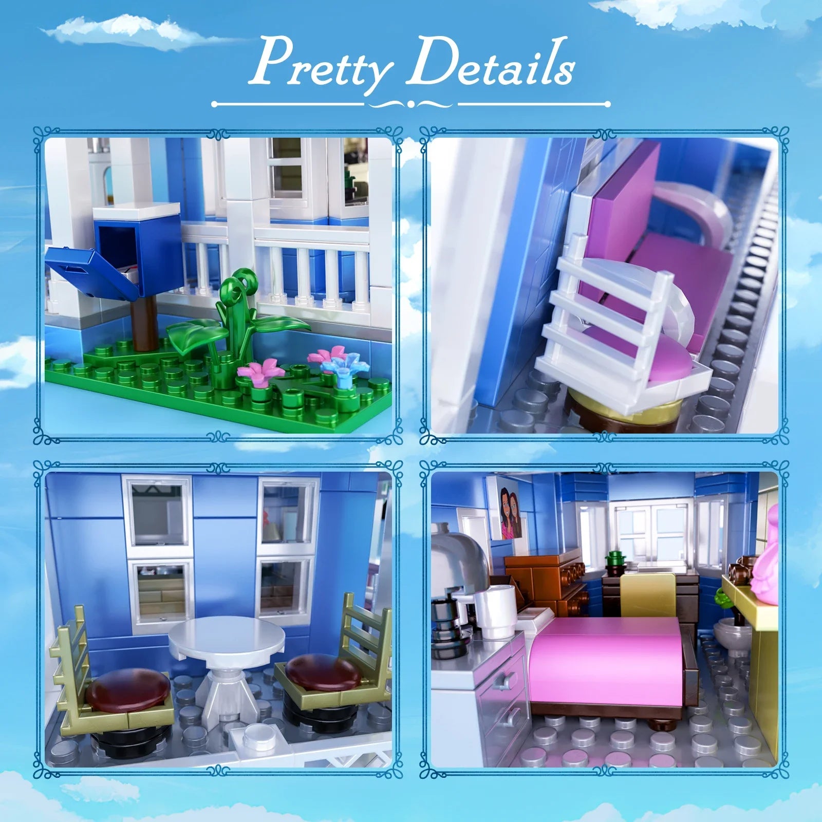 BuildMOC Lorelai Girls Movie House Building Block Girls Blue Palace Model Toys Ideas Hut Set Children Gifts (1107PCS)