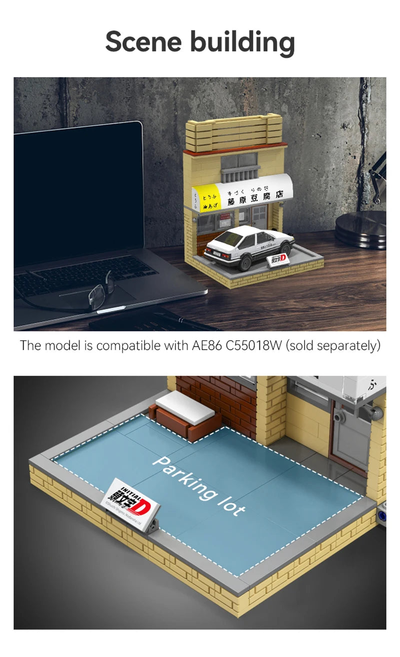 Cada Anime Initial D Tofu Shop House Model Building Blocks City Japanese Racing Car Parking Lot Bricks Toys Kid Gifts With LED
