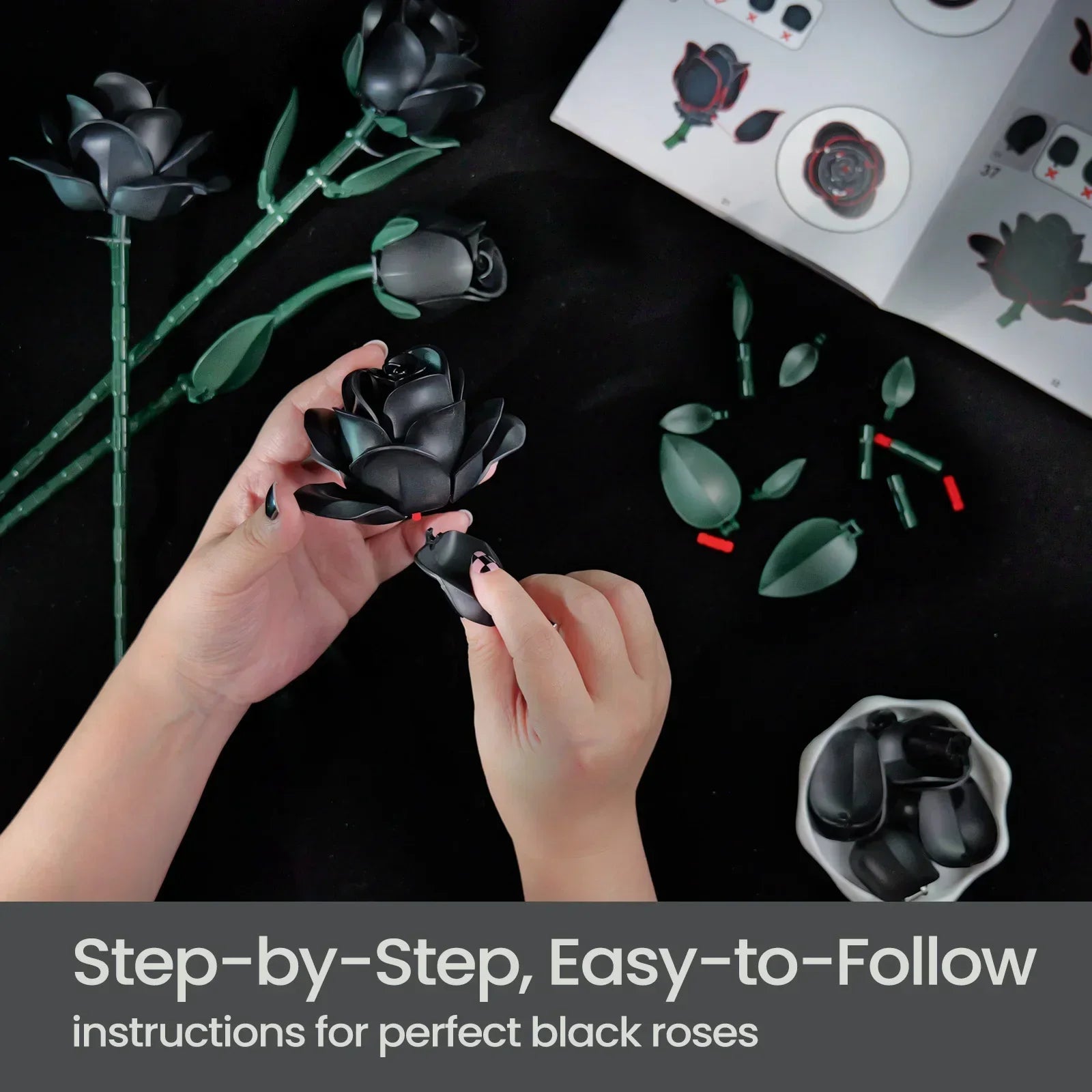 Black Roses Flowers Building Set Artificial Floral Bouquet Brick Kit Gothic Retro Home Decor Blocks Toy for Adults Birthday Gift