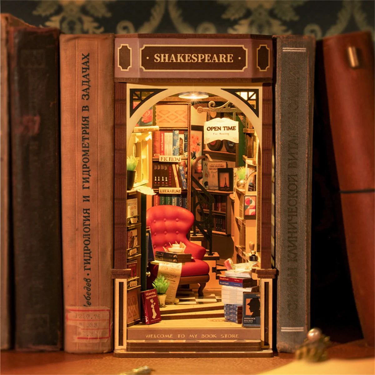 Robotime Rolife Bookstore Book Nook Bookend Model Kit with LED Light DIY Miniature House Kit for Bookshelf Decor - TGB07