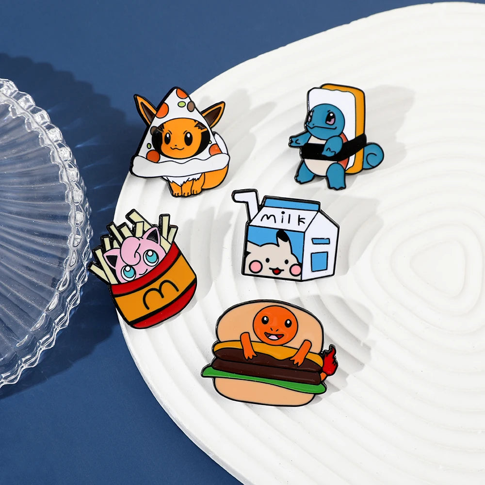 Sanrio Cola Hello Kitty Fries Kuromi Enamel Pin Pokemon Sandwich Pikachu Hamburger Charmander Metal Badge Brooch Gifts