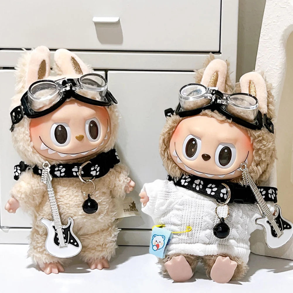 17cm DIY Sweater Goggles Dog Collar Guitar Fashion Doll'S Clothing Labubu Plush Doll Clothes Kawaii Animal Plushies Cartoon Suit