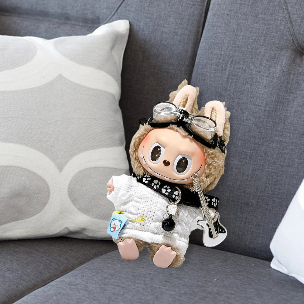 17cm DIY Sweater Goggles Dog Collar Guitar Fashion Doll'S Clothing Labubu Plush Doll Clothes Kawaii Animal Plushies Cartoon Suit