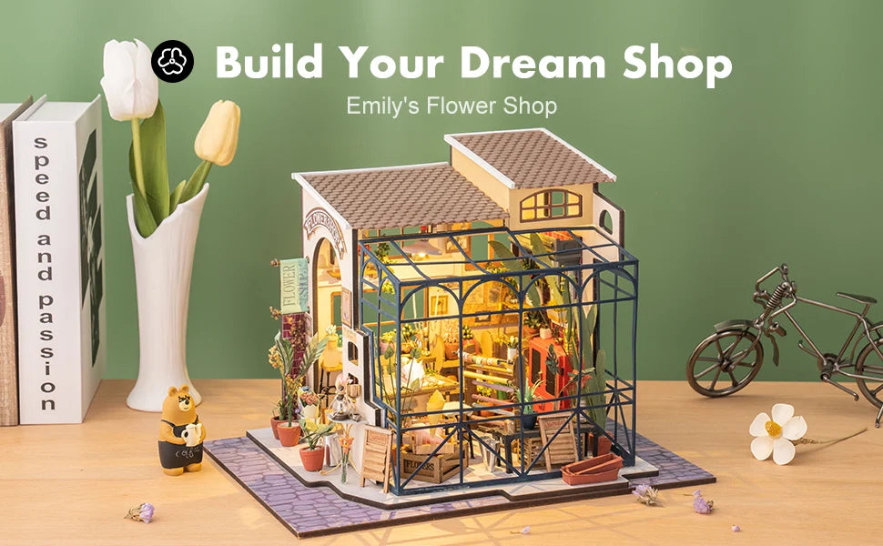 Robotime DIY Dollhouse Kit Mini House with Furnitures Accessories 1:24 Scale Craft Kit Emily's Flower Shop