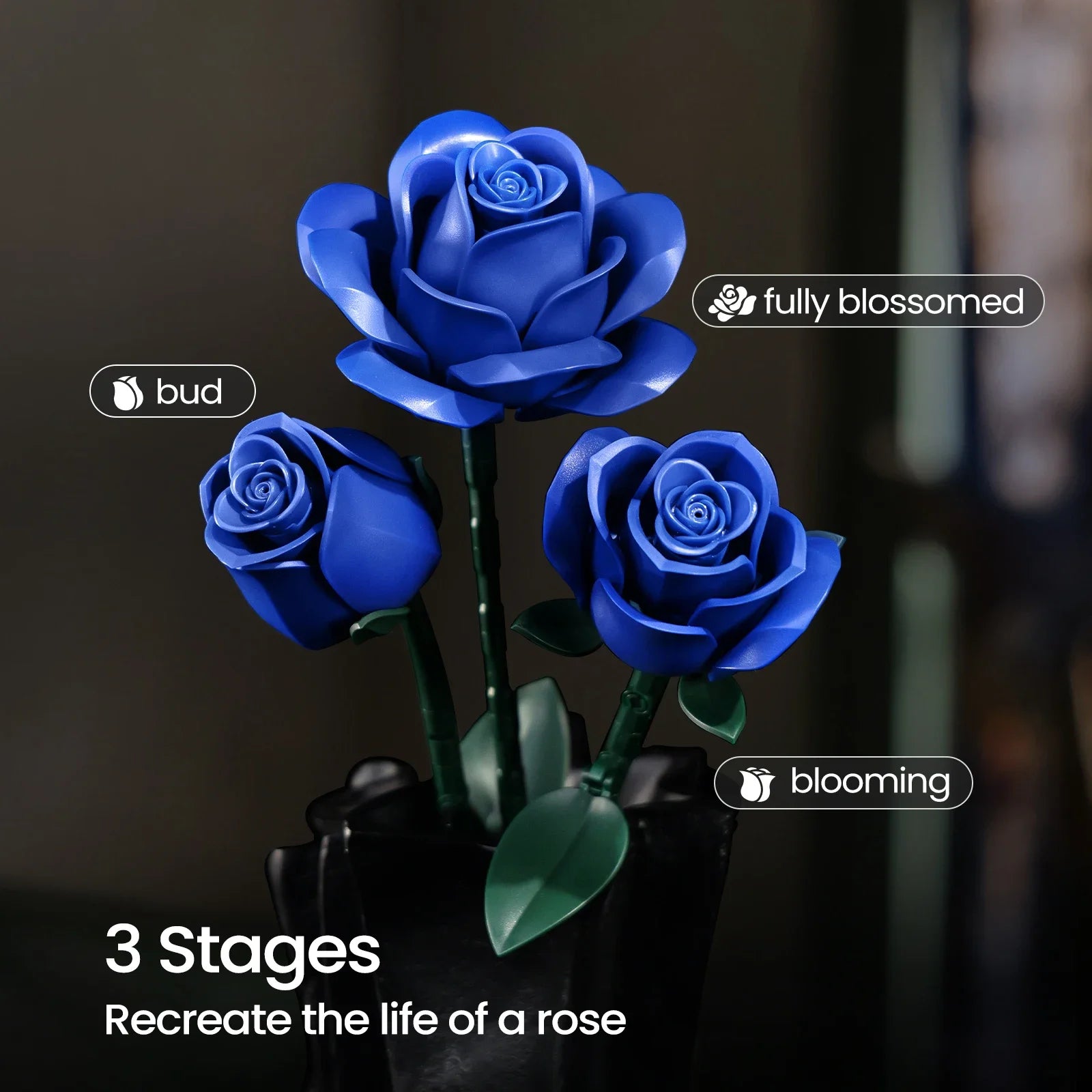 Blue Roses Bouquet Building Set Artificial Flowers Botanical Home Decoration Floral Blocks Kit for Adults Mother's Day Gifts