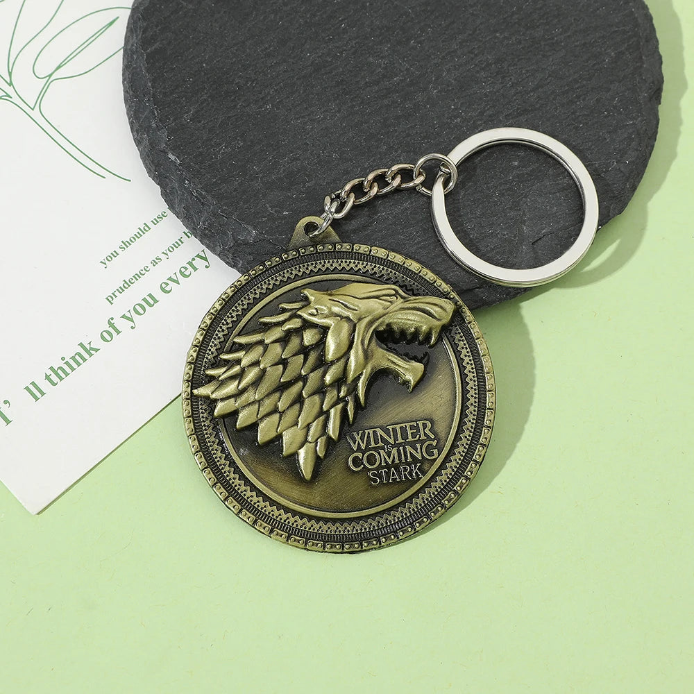 Movie A Song of Ice and Fire Metal Keychain Wolf Head Pattern Vintage Style Pendnat Keyrings for Car Key Backpack Accessories