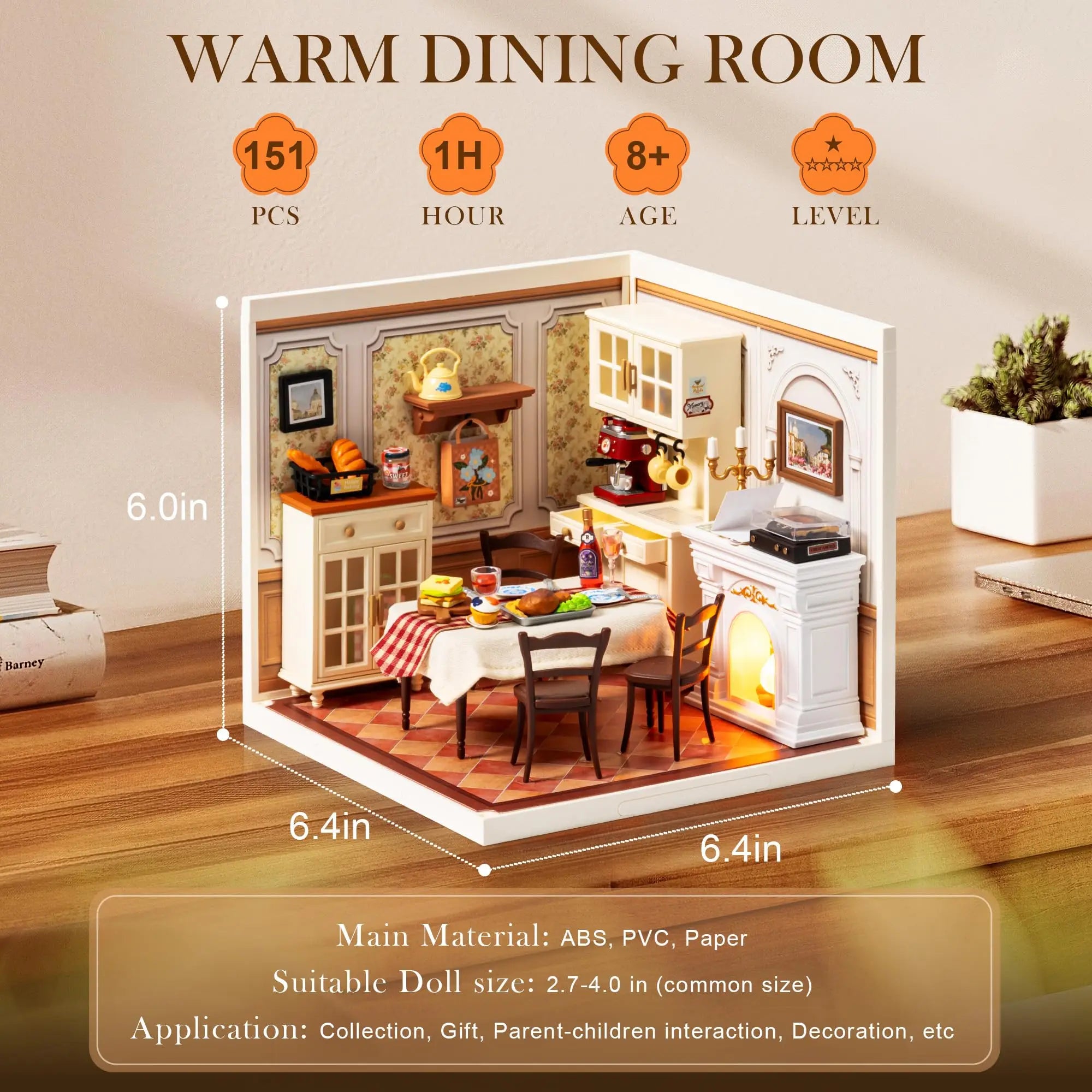ROBOTIME DIY Miniature House Craft Kit, Dollhouse Model Building Kit Birthday Creative Gifts for Adults, Kids (Warm Dining Room)