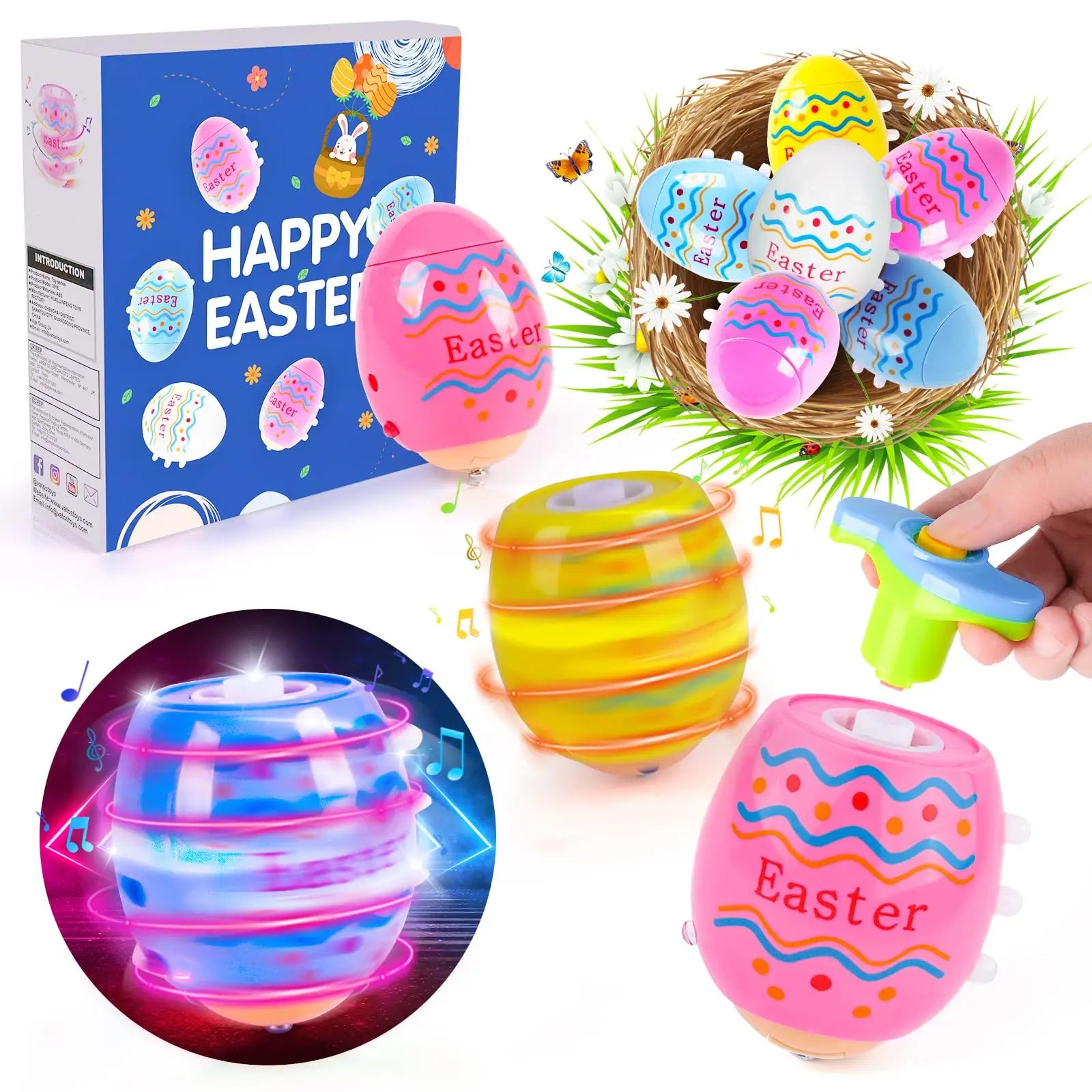 2024 TERRAMUS Easter Eggs Toys-6Pack Spinning Tops LED&Singing Party Favors Basket Stuffers Plastic Easter Gifts for Kids3+