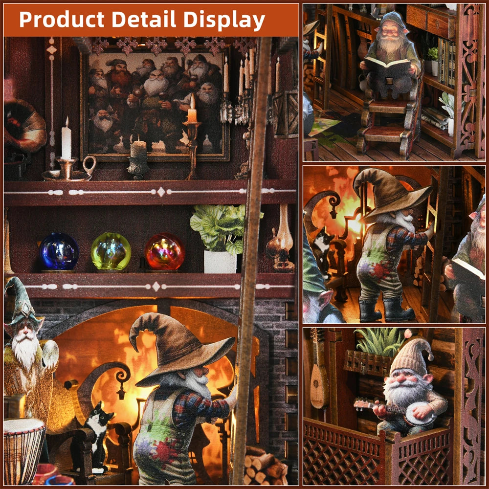 Book Nook Kit Seven Dwarfs DIY Wooden Puzzle Snow White Grimms' Fairy Tales Bookshelf Dollhouse Bookend Building Home Deco