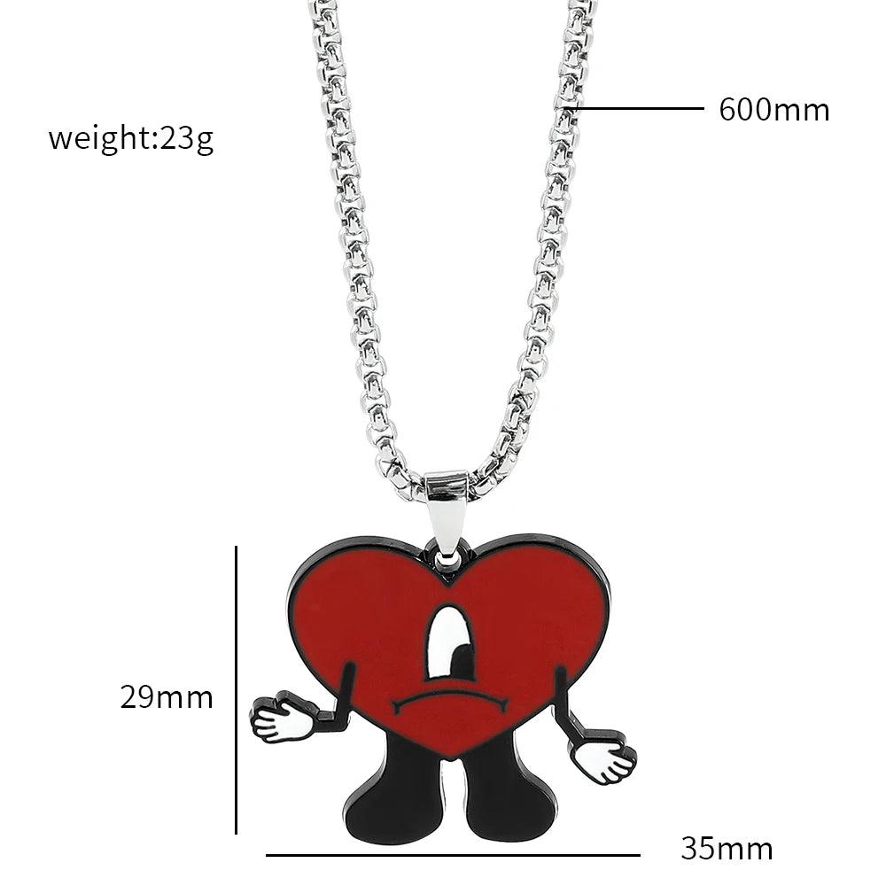 Rap Singer Bad Bunny Red Hear Necklace Cute Bad Rabbit Enamel Pendant Collares for Fans Rapper Accessories