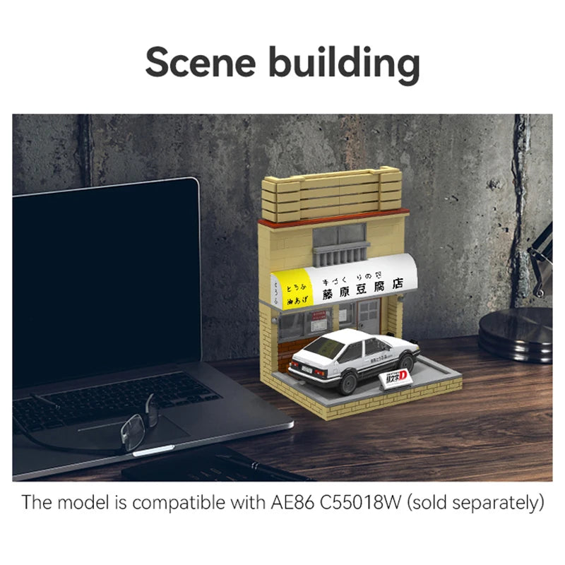 Cada Anime Initial D Tofu Shop House Model Building Blocks City Japanese Racing Car Parking Lot Bricks Toys Kid Gifts With LED