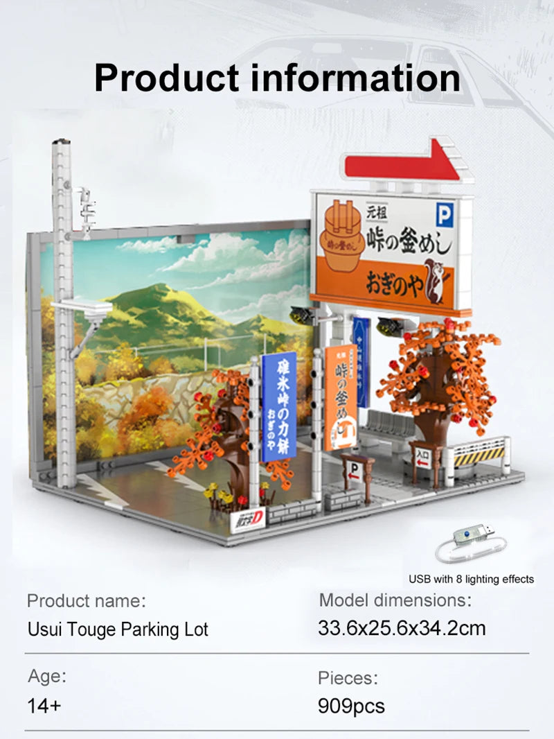 Cada Anime Initial D Tofu Shop House Model Building Blocks City Japanese Racing Car Parking Lot Bricks Toys Kid Gifts With LED
