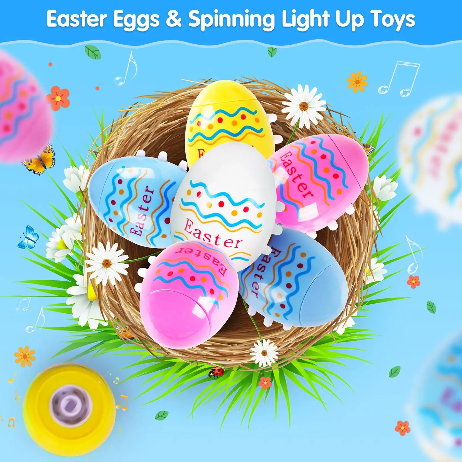 2024 TERRAMUS Easter Eggs Toys-6Pack Spinning Tops LED&Singing Party Favors Basket Stuffers Plastic Easter Gifts for Kids3+