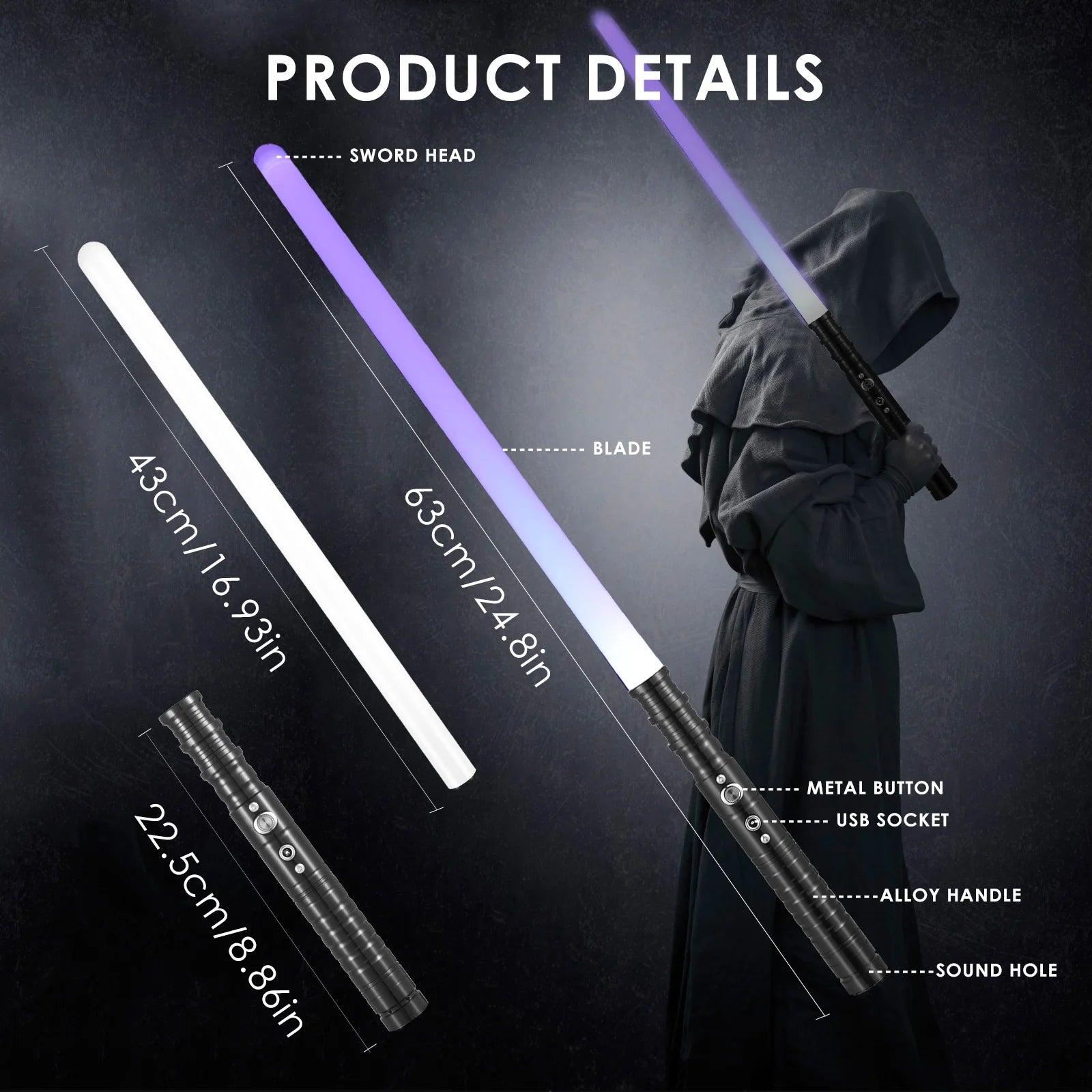 RGB 7 Colors Lightsaber with Sound Adjustable Fighting Sound Effects Birthday Party Christmas Gifts Costumes Prop for Kids, 63cm