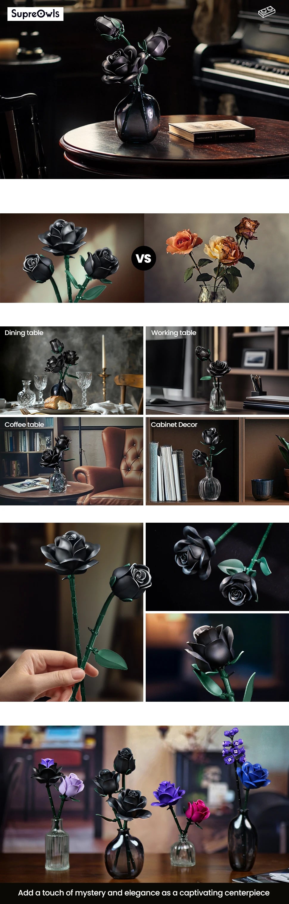 Black Roses Flowers Building Set Artificial Floral Bouquet Brick Kit Gothic Retro Home Decor Blocks Toy for Adults Birthday Gift