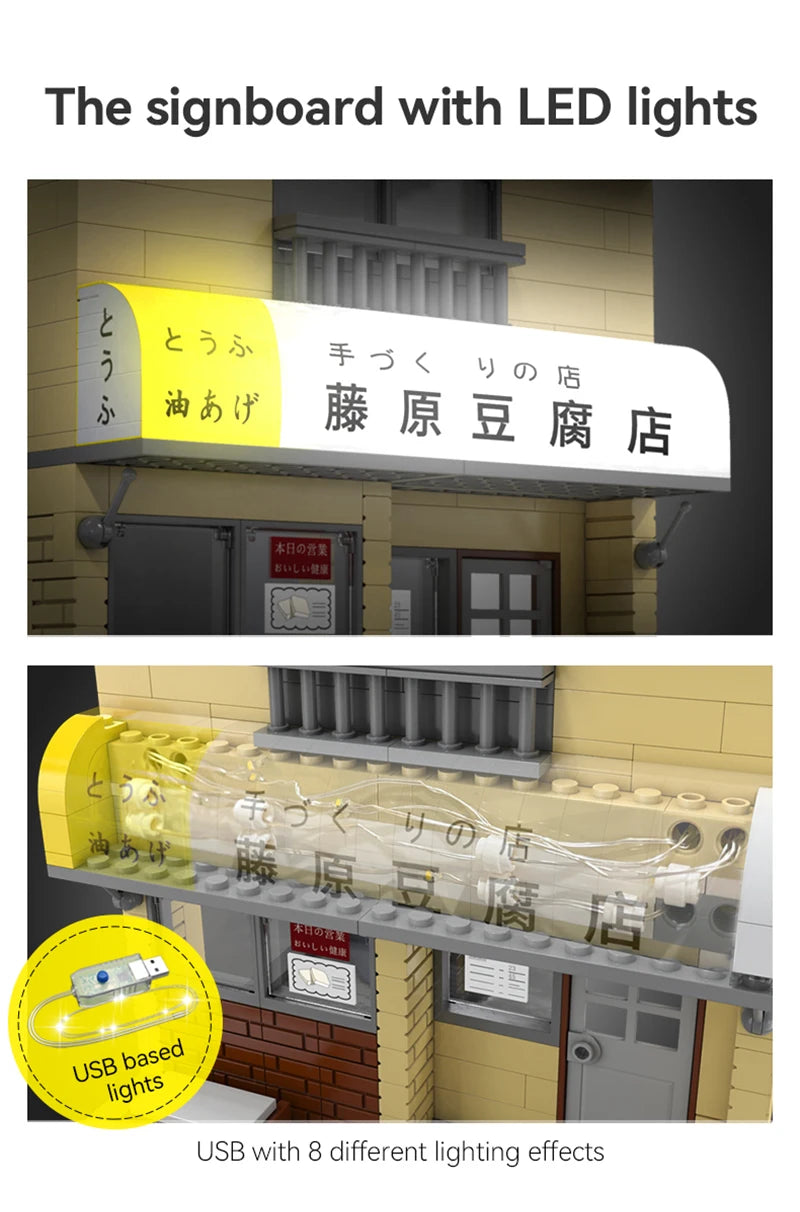 Cada Anime Initial D Tofu Shop House Model Building Blocks City Japanese Racing Car Parking Lot Bricks Toys Kid Gifts With LED