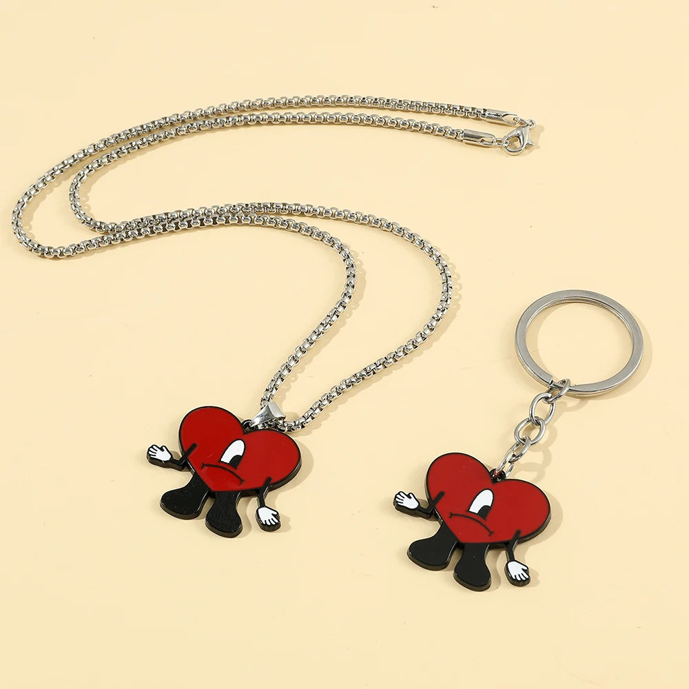 Rap Singer Bad Bunny Red Hear Necklace Cute Bad Rabbit Enamel Pendant Collares for Fans Rapper Accessories