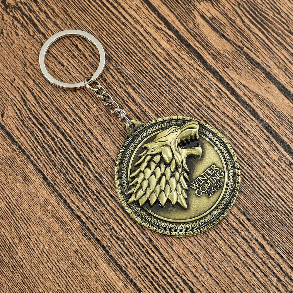 Movie A Song of Ice and Fire Metal Keychain Wolf Head Pattern Vintage Style Pendnat Keyrings for Car Key Backpack Accessories