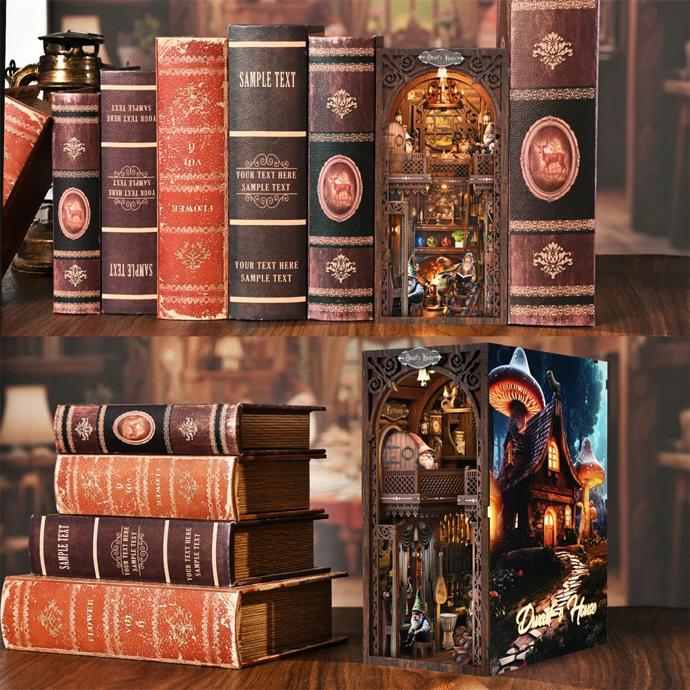 Book Nook Kit Seven Dwarfs DIY Wooden Puzzle Snow White Grimms' Fairy Tales Bookshelf Dollhouse Bookend Building Home Deco